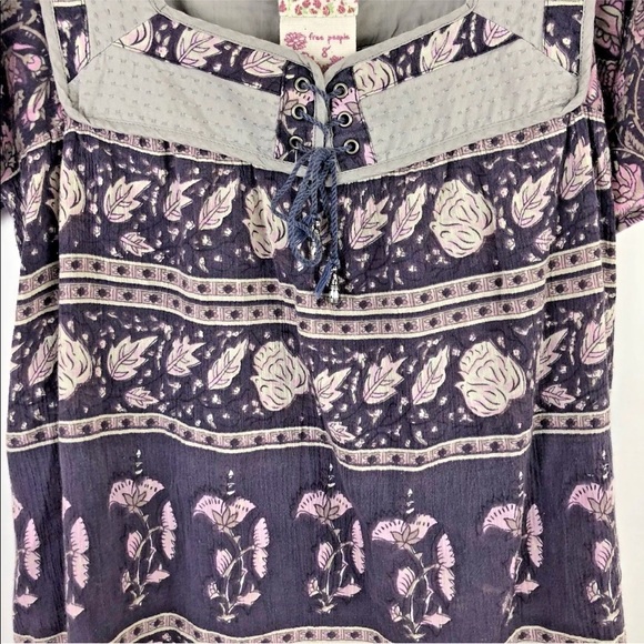 Free People Lace Up Floral Print Purple Blouse - Picture 3 of 5